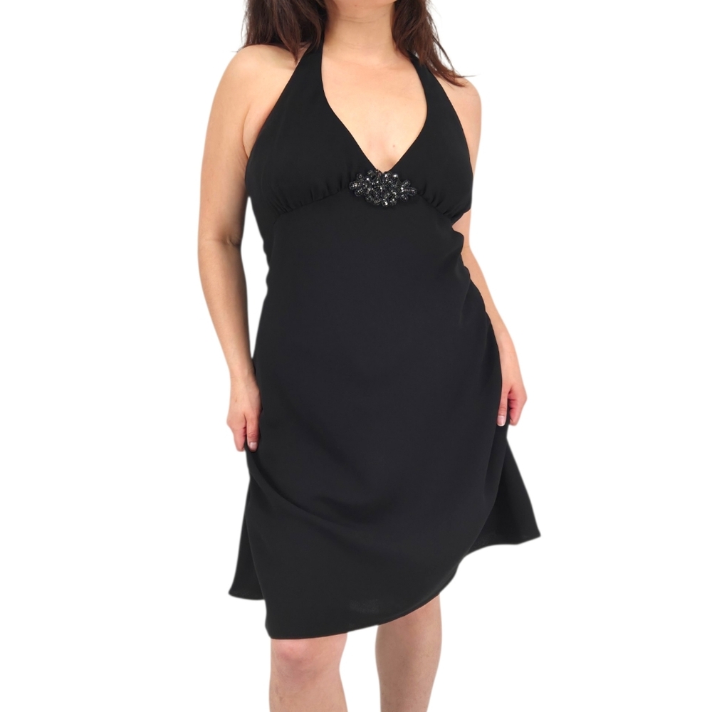 Vintage black semi-formal‎ halter top y2k glam goth dress with sewn in brooch